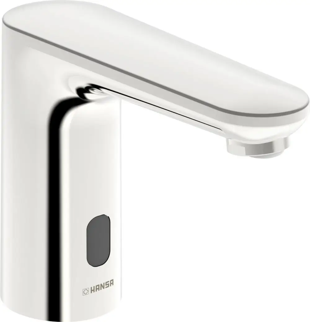 Chromfarbener Wasserhahn mit quadratischem Design und seitlichem Sensor von HANSA zur Touchless-Bedienung. Ideal für Waschtische in modernen Badezimmern.